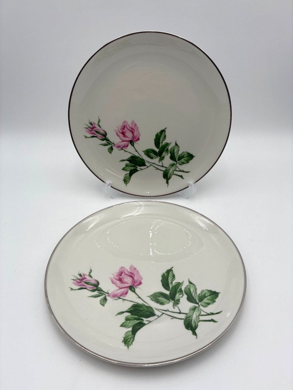 Youngsware YOU1 China Dinner Plates Set 2 Pink Rose Design 10"  Silver Trim VTG